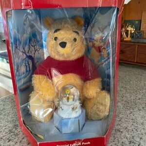 Disney Winnie the Pooh Plush with Red Shirt and Snowy Globe Holiday 2002
